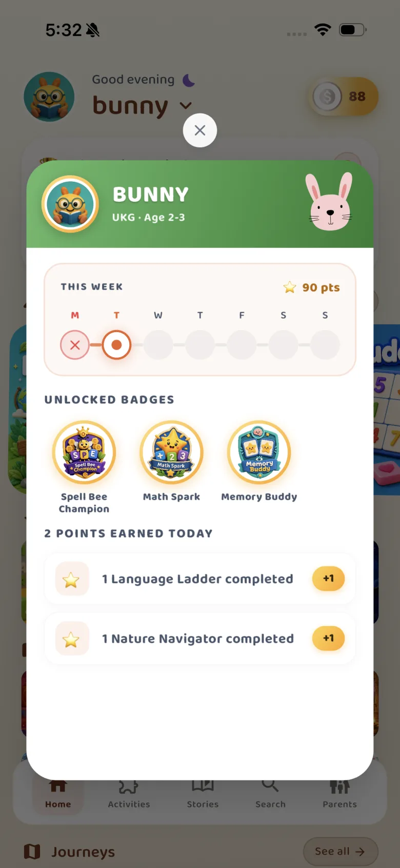A Potli weekly streak with unlocked badges and points earned