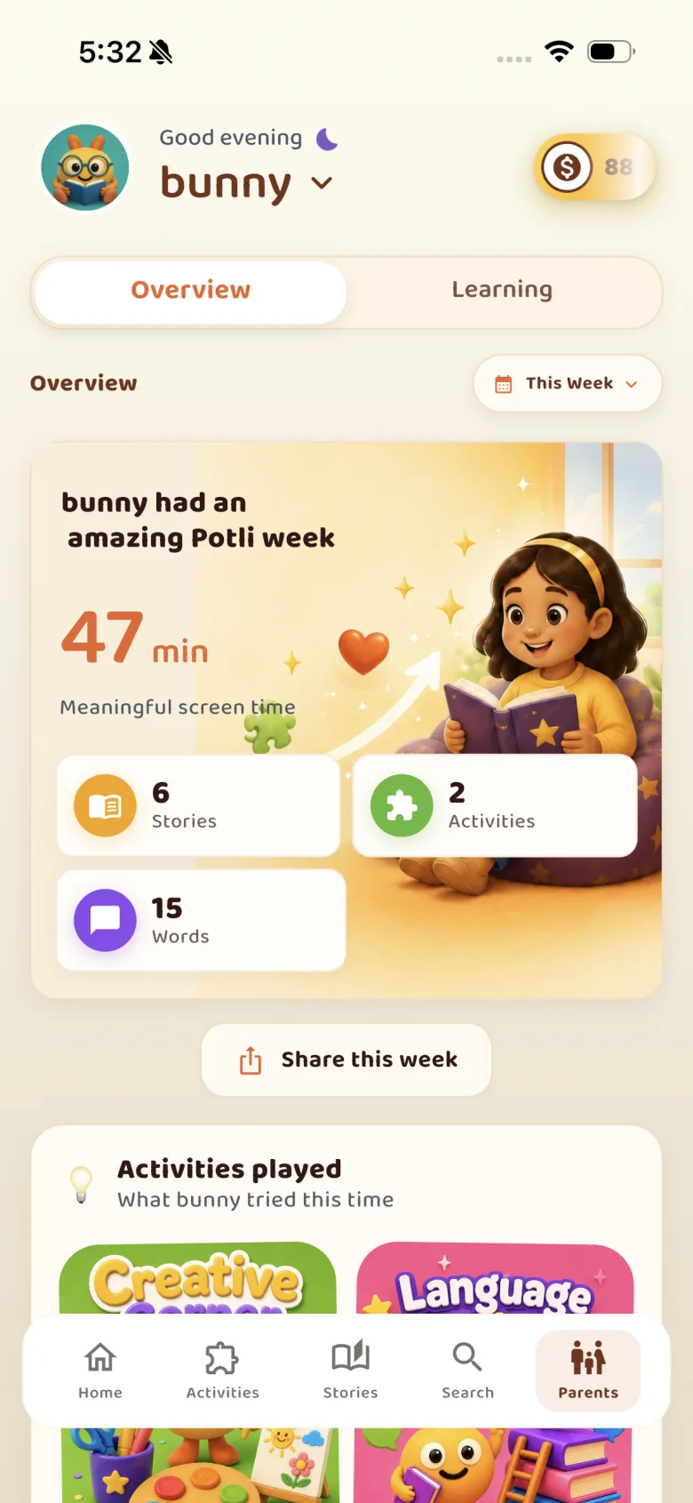 Potli's parent dashboard showing meaningful screen time, stories and words learned